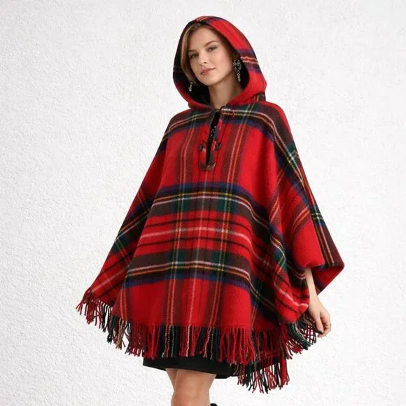 Vintage Edinburgh Woollen Mill Red Plaid Tartan Wool Poncho Cape Hooded Fringe - Picture 2 of 16